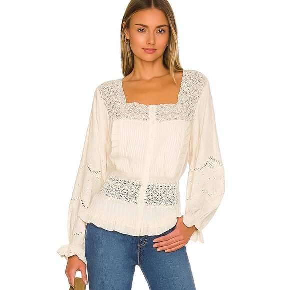 Anthropologie Tops - NWT Anthropologie Love Sam Boho Cotton Lace Peplum Full Sleeve Top Ecru Size S